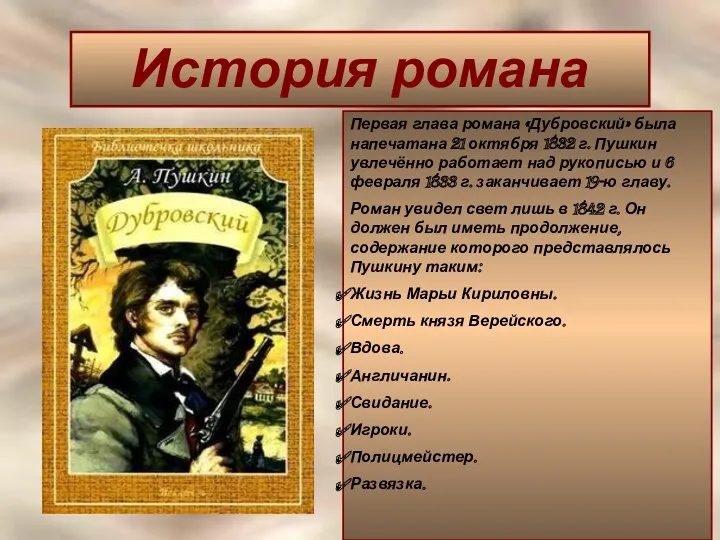 История романа Первая глава романа «Дубровский» была напечатана 21 октября 1832 г. Пушкин