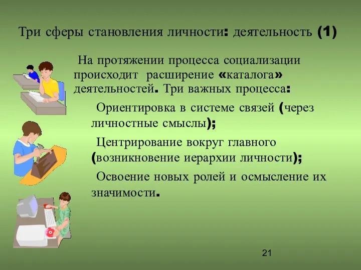 Три сферы становления личности: деятельность (1) На протяжении процесса социализации