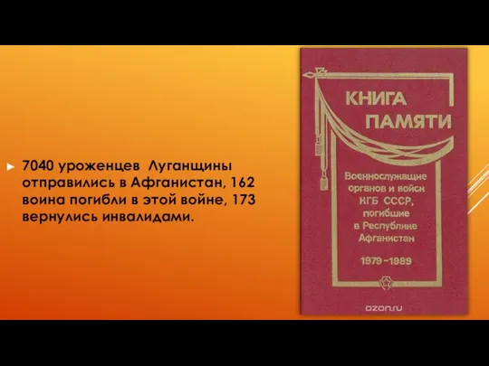 7040 уроженцев Луганщины отправились в Афганистан, 162 воина погибли в этой войне, 173 вернулись инвалидами.