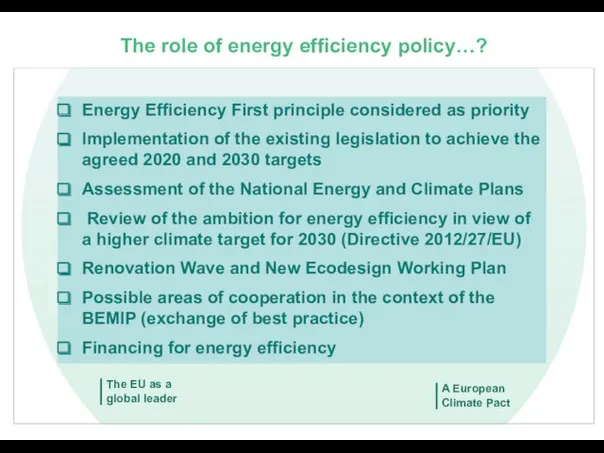 The role of energy efficiency policy…? Energy Efficiency First principle