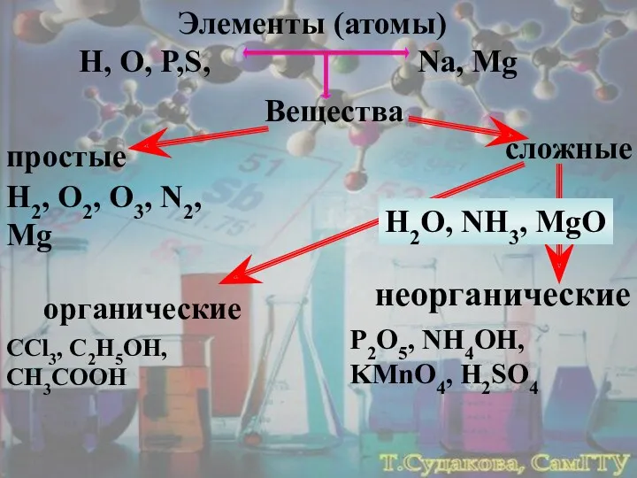 Элементы (атомы) H, O, P,S, Na, Mg Вещества простые сложные