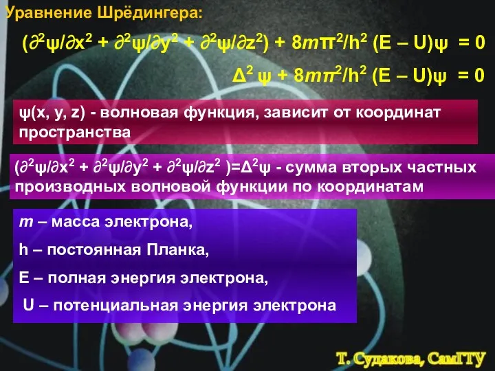 Уравнение Шрёдингера: (∂2ψ/∂х2 + ∂2ψ/∂y2 + ∂2ψ/∂z2) + 8mπ2/h2 (E