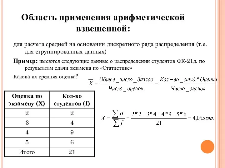 Область применения арифметической взвешенной: для расчета средней на основании дискретного