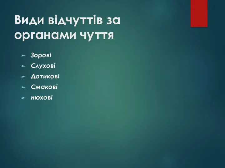 Види відчуттів за органами чуття Зорові Слухові Дотикові Смакові нюхові