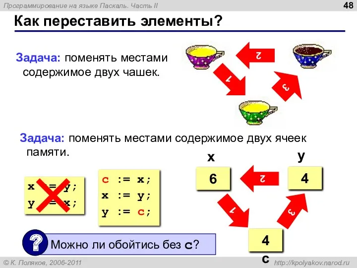 Как переставить элементы? 2 3 1 Задача: поменять местами содержимое