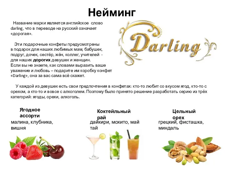 Нейминг Название марки является английское слово darling, что в переводе