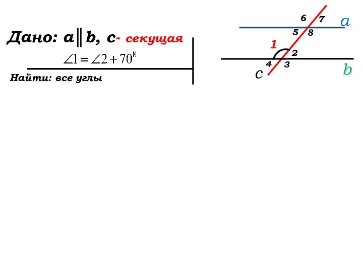 Дано: Найти: все углы a║b, c- секущая c b a