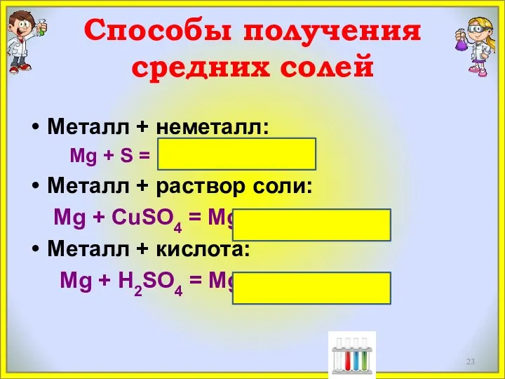 Способы получения средних солей Металл + неметалл: Mg + S