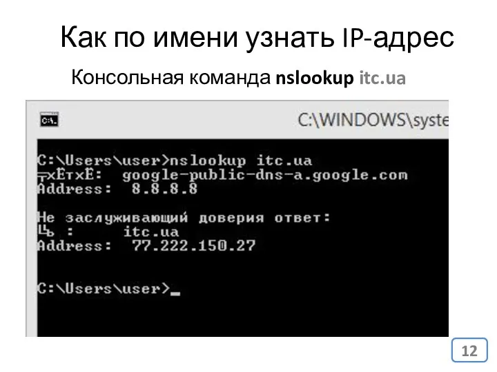 Как по имени узнать IP-адрес Консольная команда nslookup itc.ua