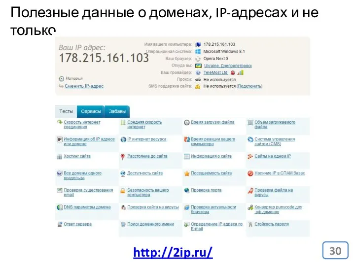 Полезные данные о доменах, IP-адресах и не только. http://2ip.ru/