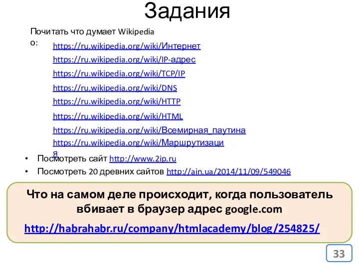 Задания Посмотреть сайт http://www.2ip.ru Посмотреть 20 древних сайтов http://ain.ua/2014/11/09/549046 Почитать что думает Wikipedia