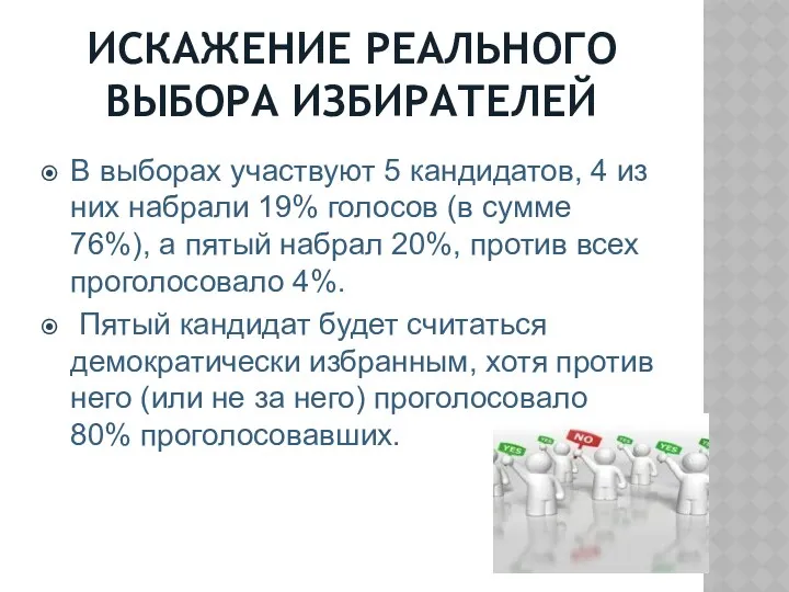 ИСКАЖЕНИЕ РЕАЛЬНОГО ВЫБОРА ИЗБИРАТЕЛЕЙ В выборах участвуют 5 кандидатов, 4 из них набрали