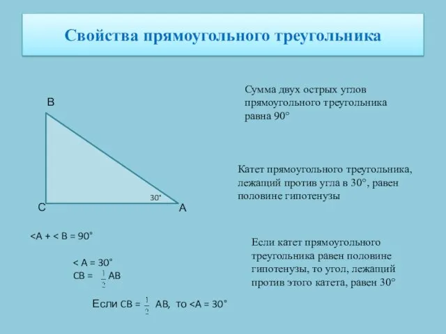 Свойства прямоугольного треугольника Сумма двух острых углов прямоугольного треугольника равна