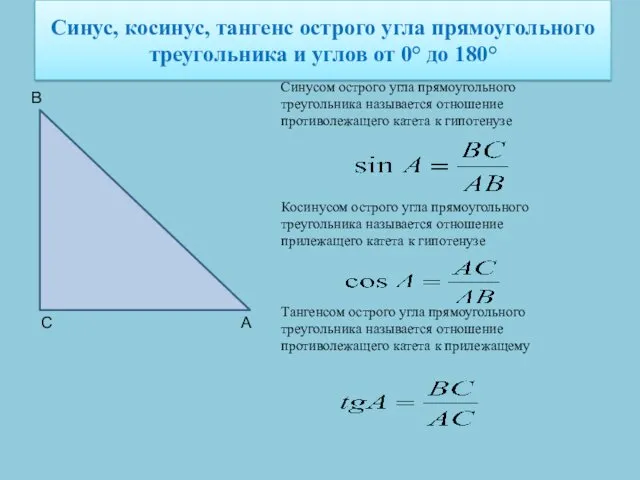 Синус, косинус, тангенс острого угла прямоугольного треугольника и углов от