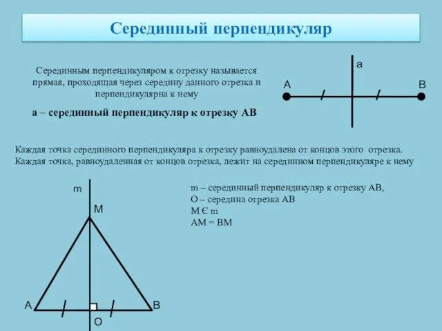 Cерединный перпендикуляр Серединным перпендикуляром к отрезку называется прямая, проходящая через