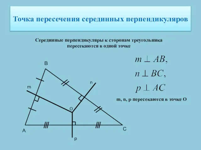 Точка пересечения серединных перпендикуляров Серединные перпендикуляры к сторонам треугольника пересекаются