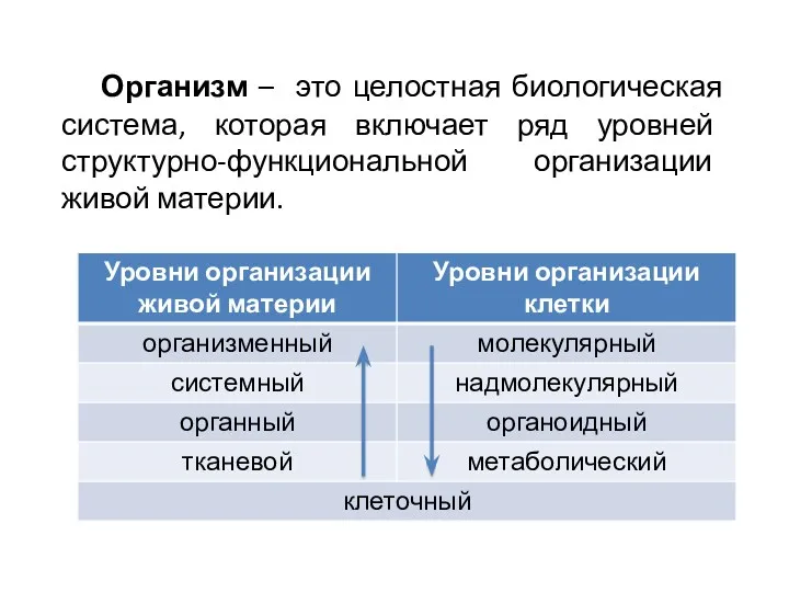 Организм – это целостная биологическая система, которая включает ряд уровней структурно-функциональной организации живой материи.