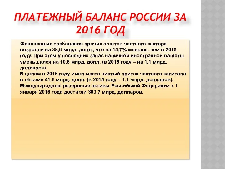 ПЛАТЕЖНЫЙ БАЛАНС РОССИИ ЗА 2016 ГОД Финансовые требования прочих агентов