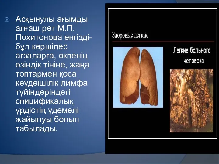 Асқынулы ағымды алғаш рет М.П. Похитонова енгізді-бұл көршілес ағзаларға, өкпенің өзіндік тініне, жаңа