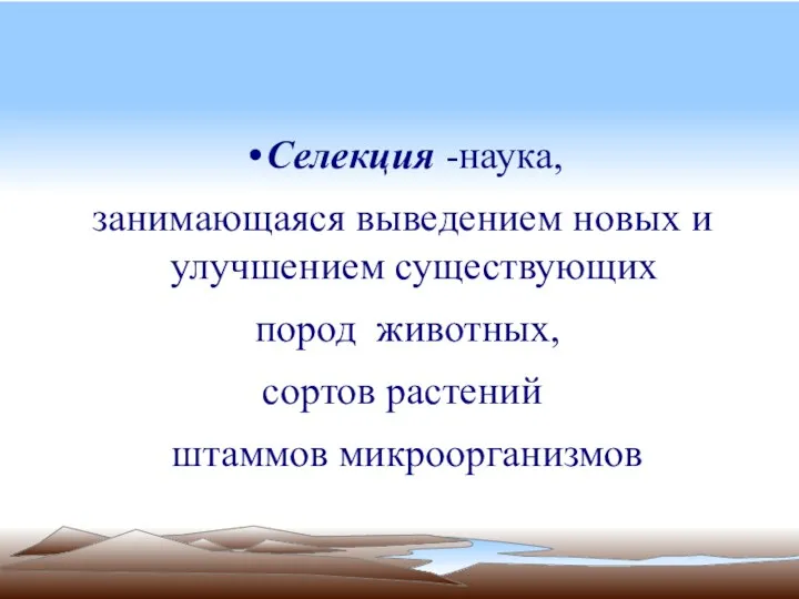 Селекция -наука, занимающаяся выведением новых и улучшением существующих пород животных, сортов растений штаммов микроорганизмов