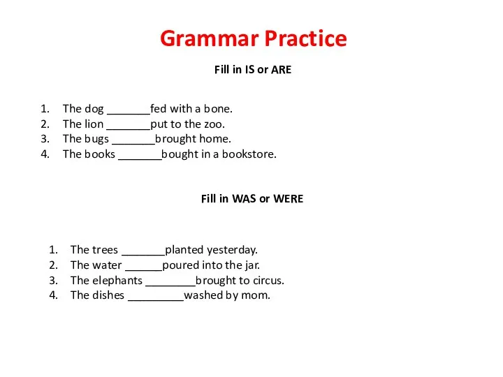 Grammar Practice Fill in IS or ARE The dog _______fed