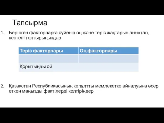 Тапсырма Берілген факторларға сүйеніп оң және теріс жақтарын анықтап, кестені толтырыңыздар Қазақстан Республикасының