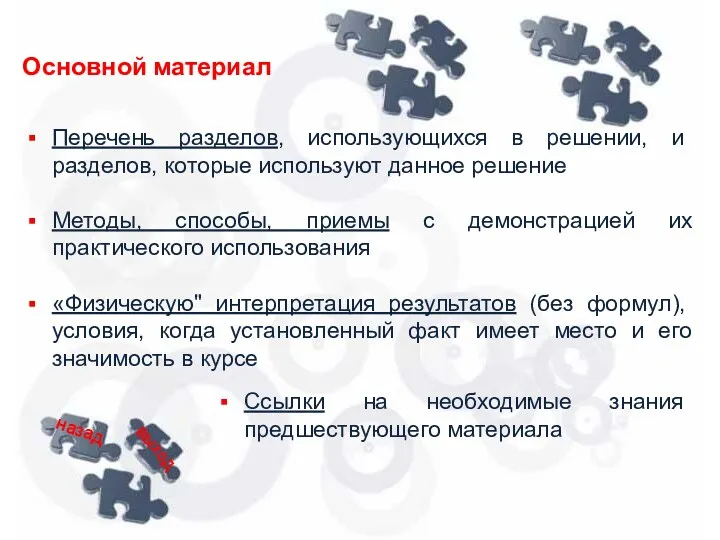 Основной материал Перечень разделов, использующихся в решении, и разделов, которые