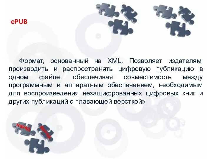 Формат, основанный на XML. Позволяет издателям производить и распространять цифровую публикацию в одном