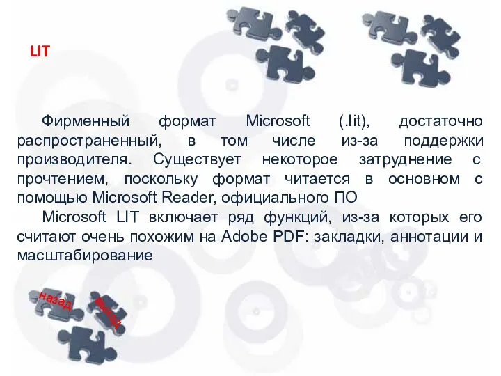 Фирменный формат Microsoft (.lit), достаточно распространенный, в том числе из-за поддержки производителя. Существует