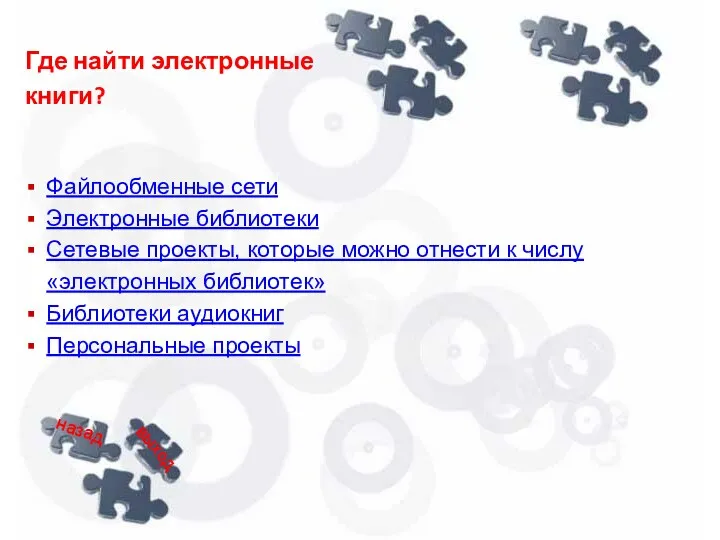 Где найти электронные книги? Файлообменные сети Электронные библиотеки Сетевые проекты,