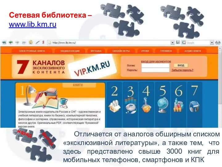 Сетевая библиотека – www.lib.km.ru Отличается от аналогов обширным списком «эксклюзивной