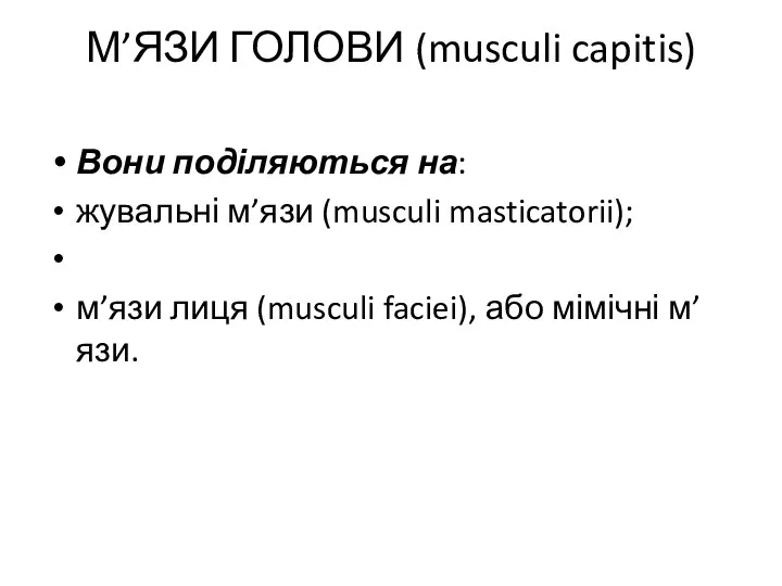 М’ЯЗИ ГОЛОВИ (musculi capitis) Вони поділяються на: жувальні м’язи (musculi