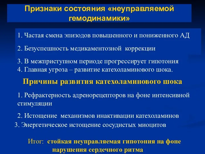 Признаки состояния «неуправляемой гемодинамики» 1. Частая смена эпизодов повышенного и