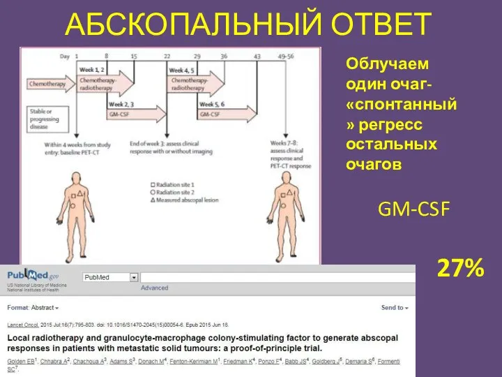 АБСКОПАЛЬНЫЙ ОТВЕТ Облучаем один очаг- «спонтанный» регресс остальных очагов GM-CSF 27%