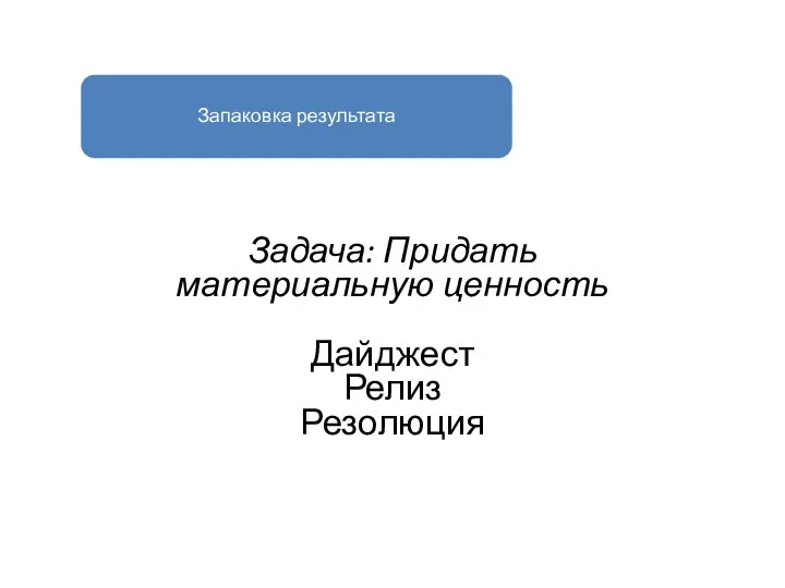 Запаковка результата Задача: Придать материальную ценность Дайджест Релиз Резолюция