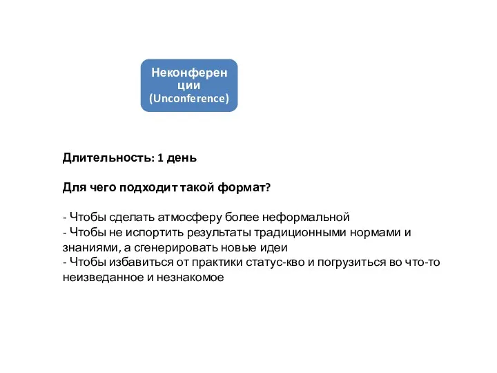 Неконференции (Unconference) Длительность: 1 день Для чего подходит такой формат?