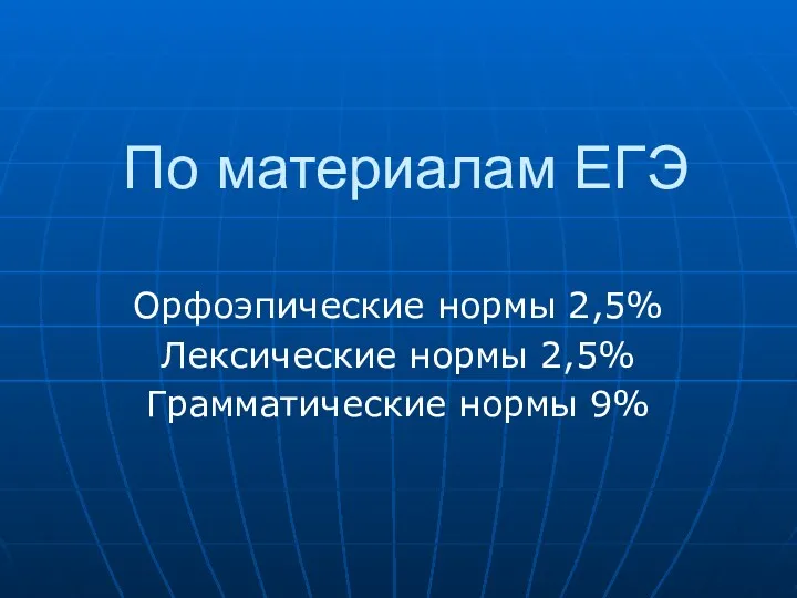 По материалам ЕГЭ Орфоэпические нормы 2,5% Лексические нормы 2,5% Грамматические нормы 9%