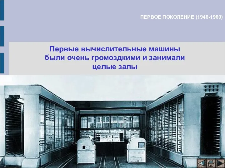 ПЕРВОЕ ПОКОЛЕНИЕ (1946-1960) Первые вычислительные машины были очень громоздкими и занимали целые залы