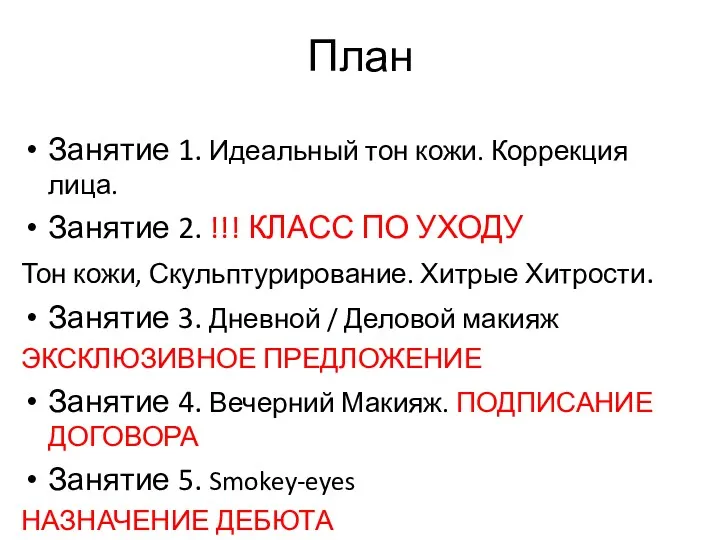 План Занятие 1. Идеальный тон кожи. Коррекция лица. Занятие 2.