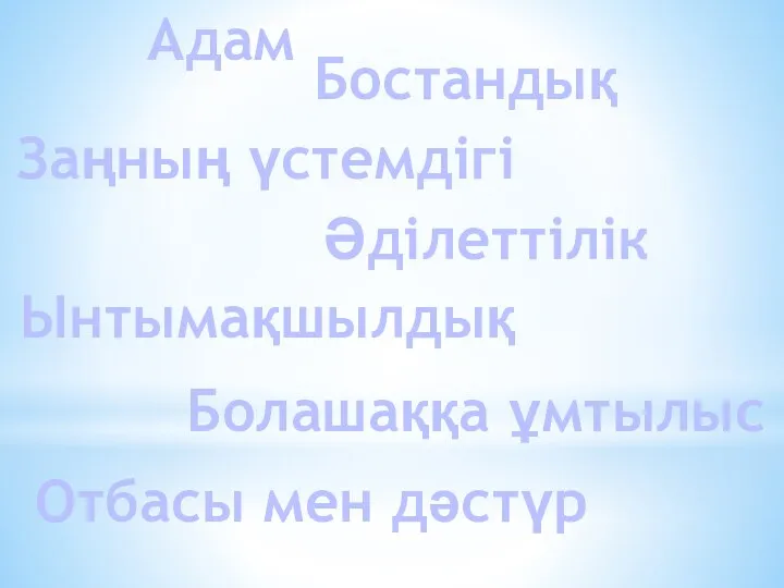 Адам Бостандық Заңның үстемдігі Әділеттілік Ынтымақшылдық Отбасы мен дәстүр Болашаққа ұмтылыс