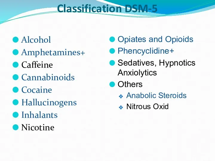 Classification DSM-5 Alcohol Amphetamines+ Caffeine Cannabinoids Cocaine Hallucinogens Inhalants Nicotine