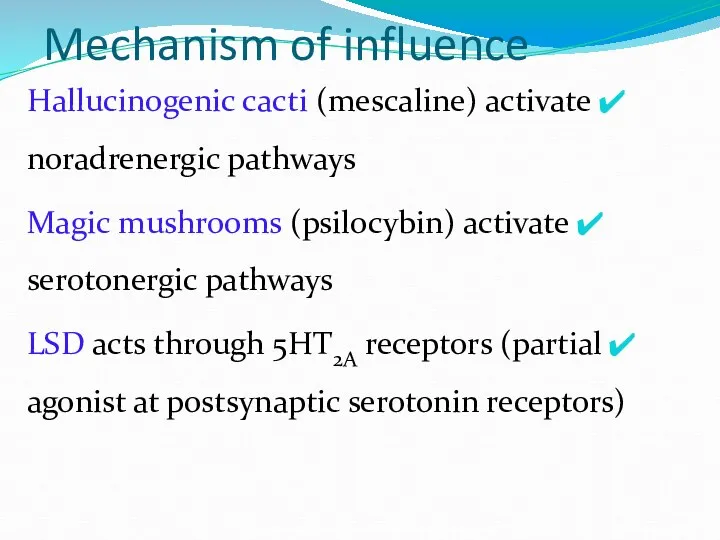 Mechanism of influence Hallucinogenic cacti (mescaline) activate noradrenergic pathways Magic