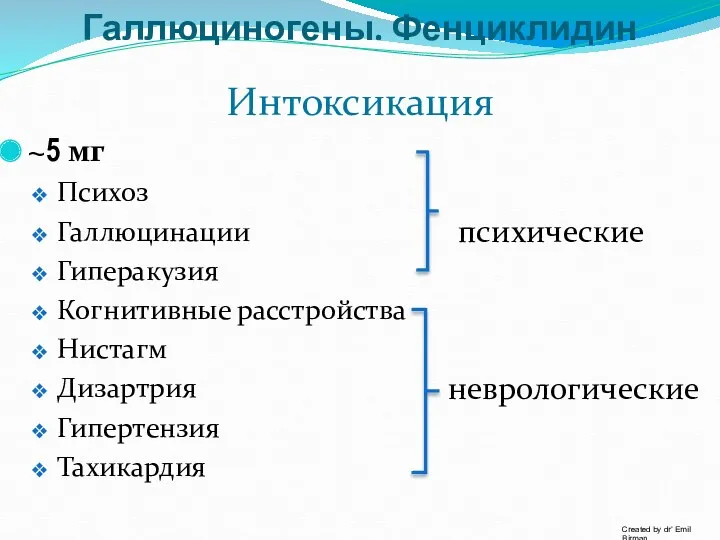 Интоксикация ~5 мг Психоз Галлюцинации Гиперакузия Когнитивные расстройства Нистагм Дизартрия