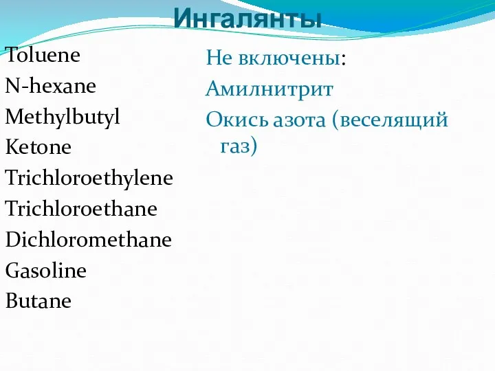 Ингалянты Toluene N-hexane Methylbutyl Ketone Trichloroethylene Trichloroethane Dichloromethane Gasoline Butane