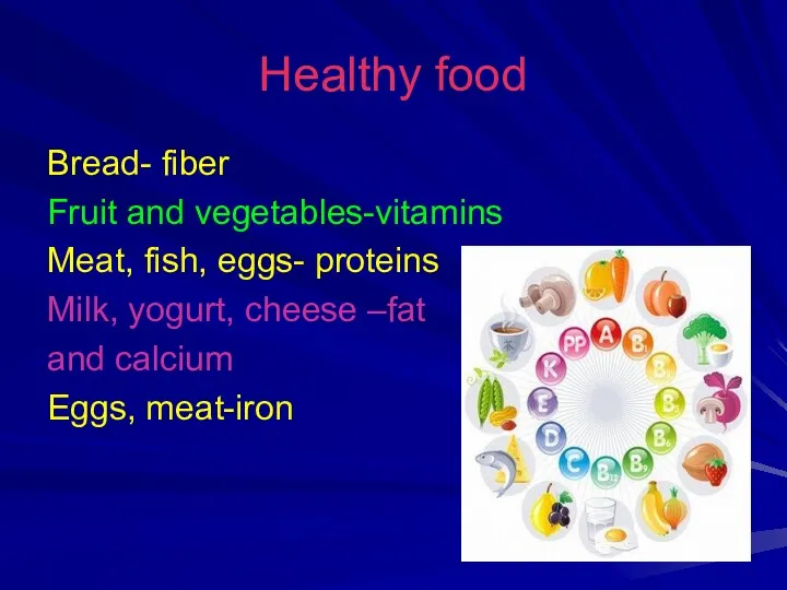 Healthy food Bread- fiber Fruit and vegetables-vitamins Meat, fish, eggs-