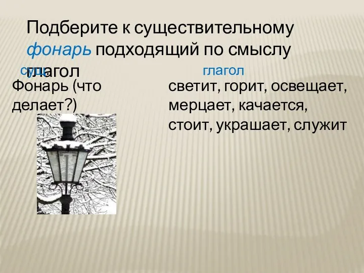 Подберите к существительному фонарь подходящий по смыслу глагол Фонарь (что