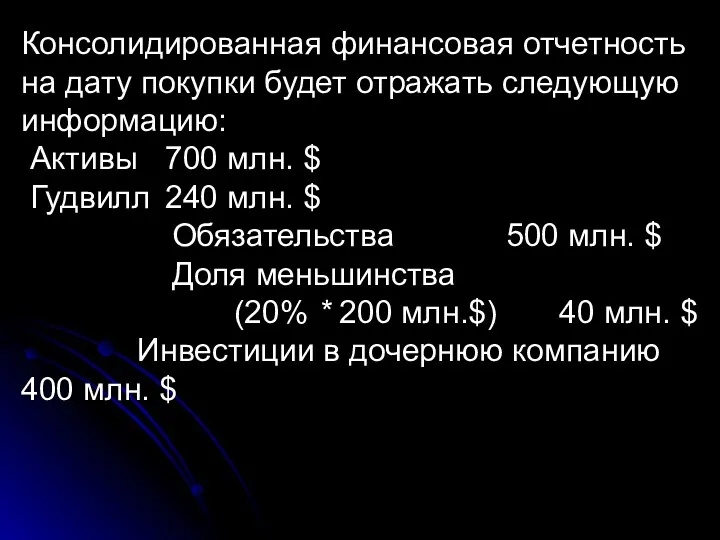 Консолидированная финансовая отчетность на дату покупки будет отражать следующую информацию: