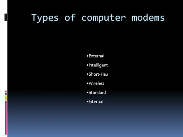 Types of computer modems External Intelligent Short-Haul Wireless Standard Internal