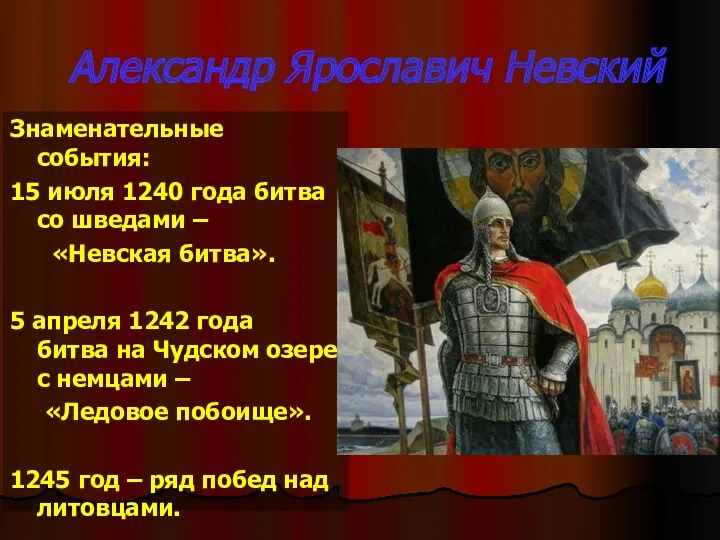 Александр Ярославич Невский Знаменательные события: 15 июля 1240 года битва