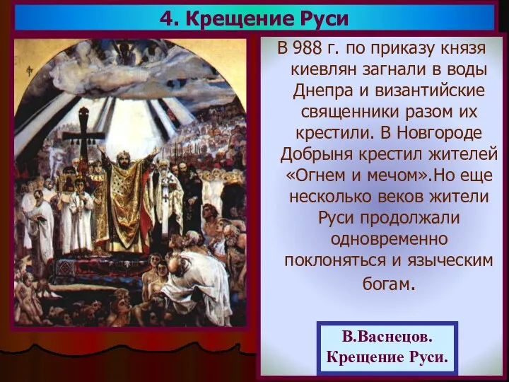 4. Крещение Руси В 988 г. по приказу князя киевлян